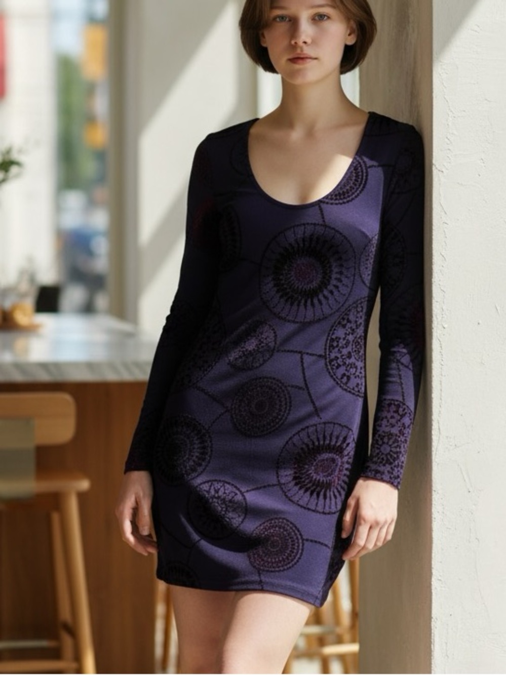 MINKPINK Purple Geo Print Long Sleeve Mini Dress - Size XS